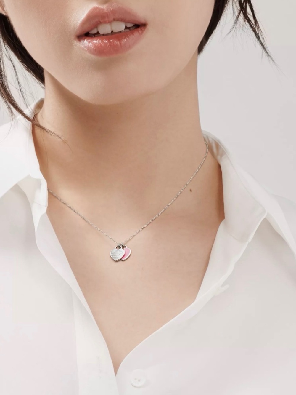 Tiffany & Co. Sterling Double Heart Necklace in Pink and Silver